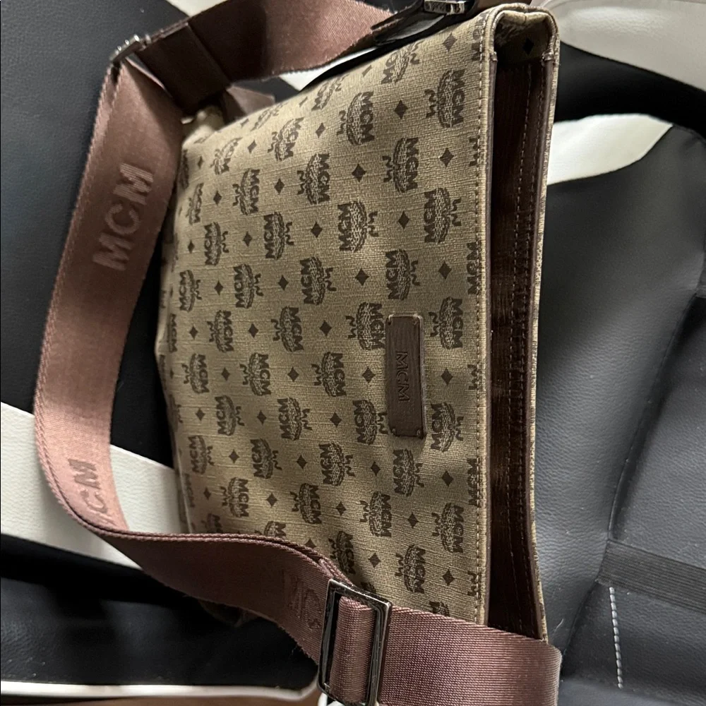 MCM Tan and Brown Logo Messenger Bag